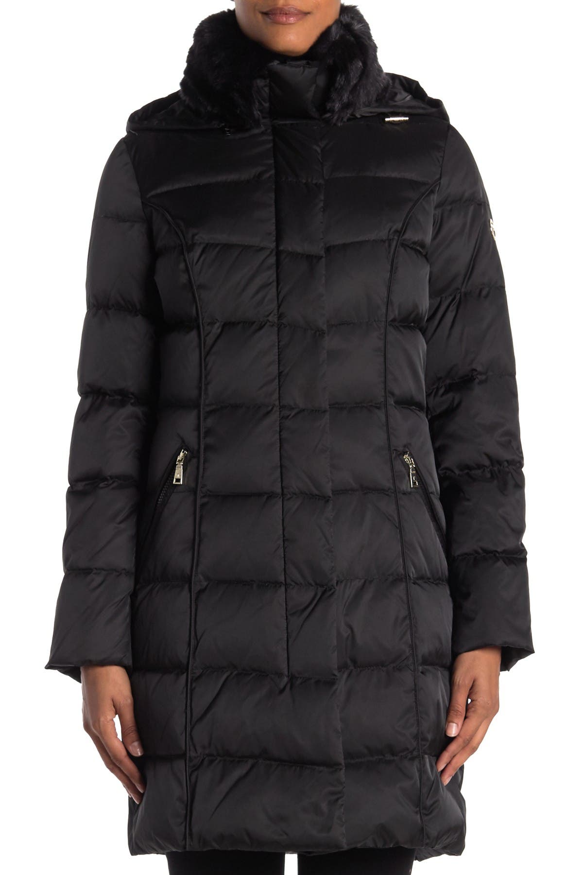 tahari faux fur trim puffer coat