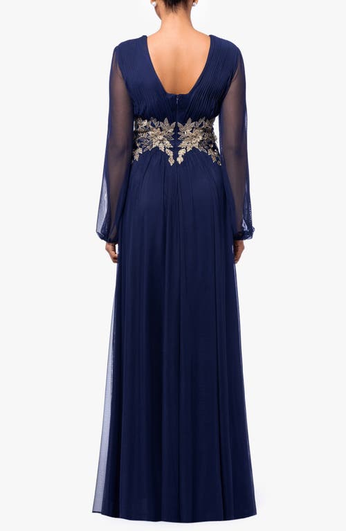 Shop Betsy & Adam Metallic Floral Appliqué Long Sleeve Gown In Navy/gold