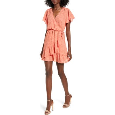 All In Favor Flutter Sleeve Faux Wrap Dress, Coral