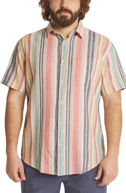 Johnny Bigg Archer Stripe Short Sleeve Linen & Cotton Button-Up Shirt in Pink