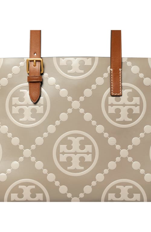 Shop Tory Burch Small T Monogram Contrast Embossed Tote In Longan/new Cream