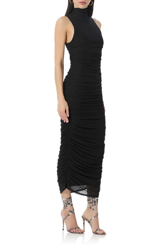 Shop Afrm Fiorella Ruched Turtleneck Mesh Dress In Noir