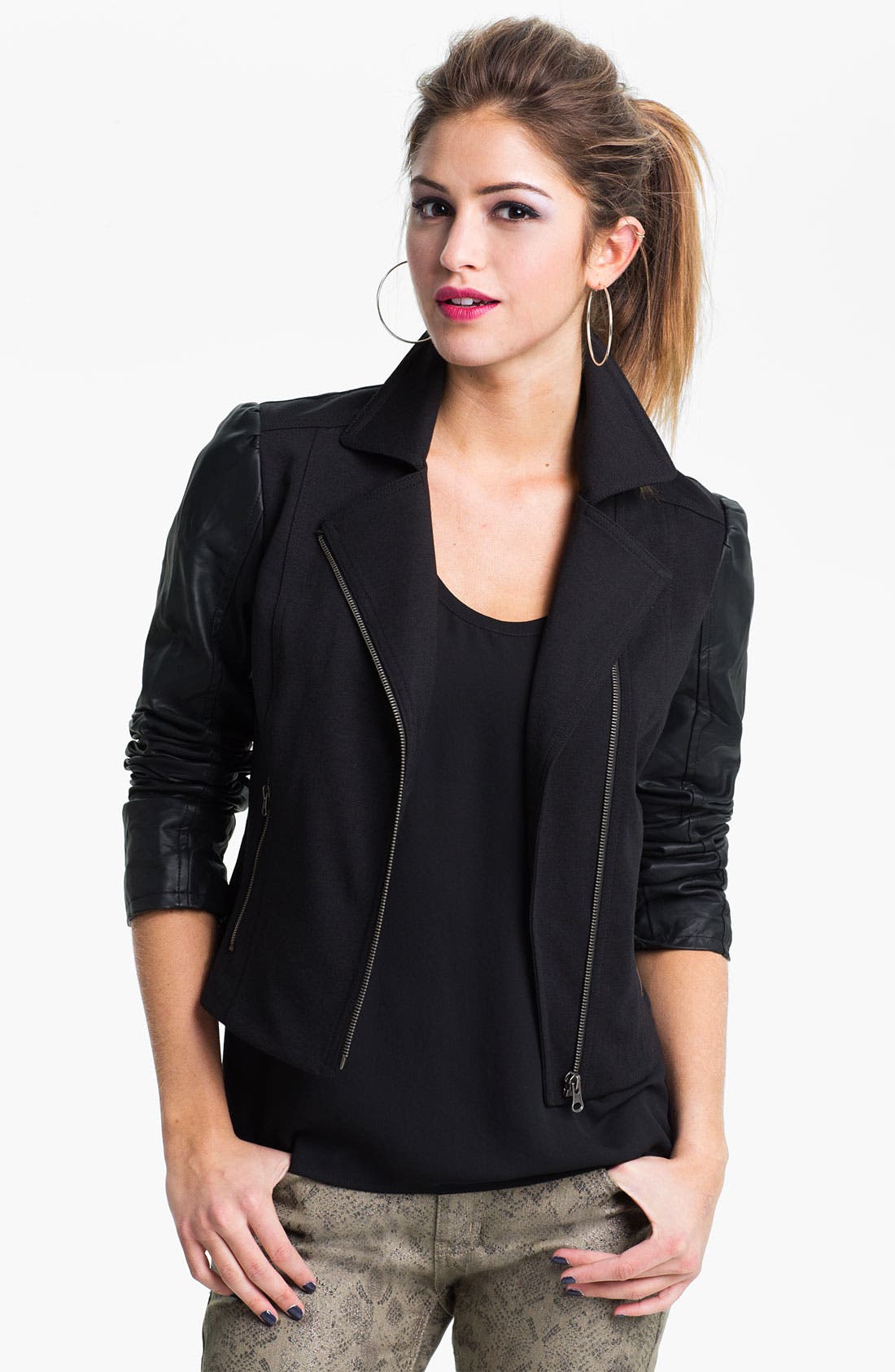 Collection B Faux Leather Sleeve Moto Jacket (Juniors) Nordstrom