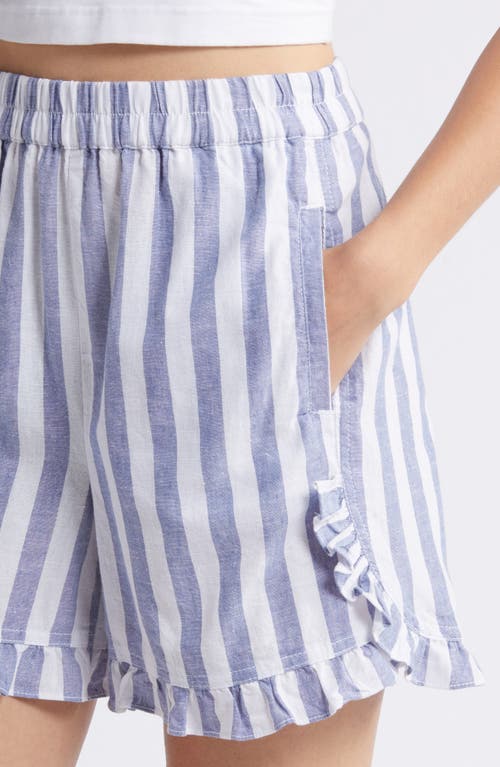 Shop Beachlunchlounge Leia Stripe Ruffle Hem Linen & Cotton Shorts In Swimming Pool