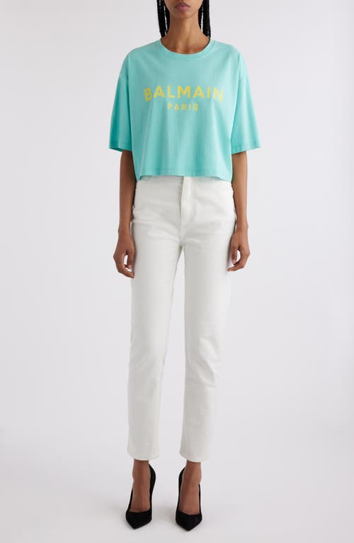 Shop Balmain Logo Crop Cotton Graphic T-shirt In Ukf Pale Green/multi