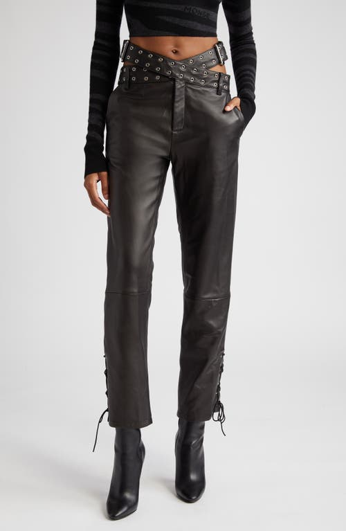 Grommet Crossover Belt Leather Pants in Black