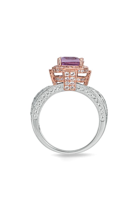 Shop Suzy Levian Two-tone Emerald Cut Semiprecious Stone & White Topaz Halo Ring In Pink