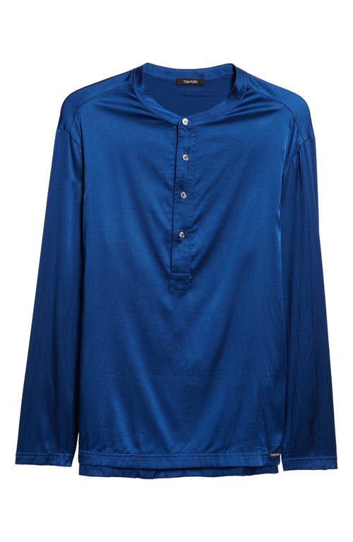 Henley Stretch Silk Pajama Shirt in Ocean Blue