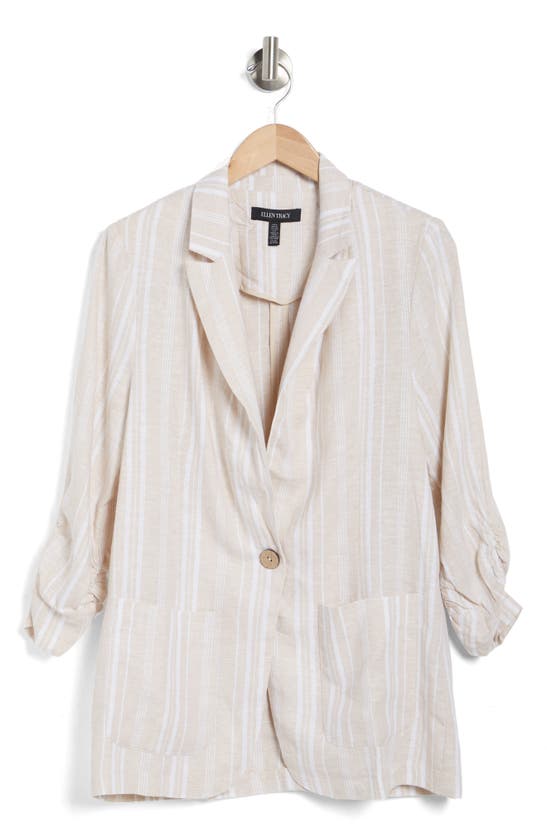 Ellen Tracy Striped Shirred Sleeve Blazer In Linen Stripe | ModeSens