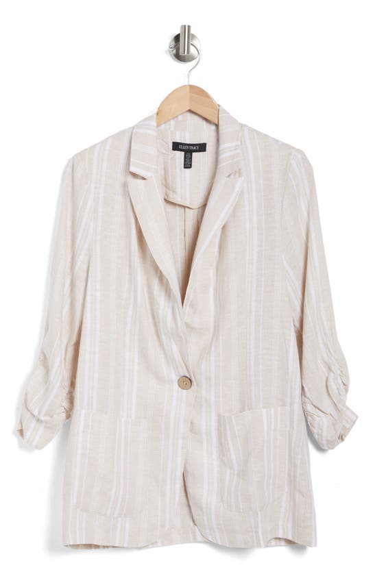 Ellen Tracy Striped Shirred Sleeve Blazer In Linen Stripe
