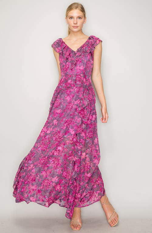 Shop Melloday Floral Print Ruffle Maxi Dress In Plum Magenta Floral