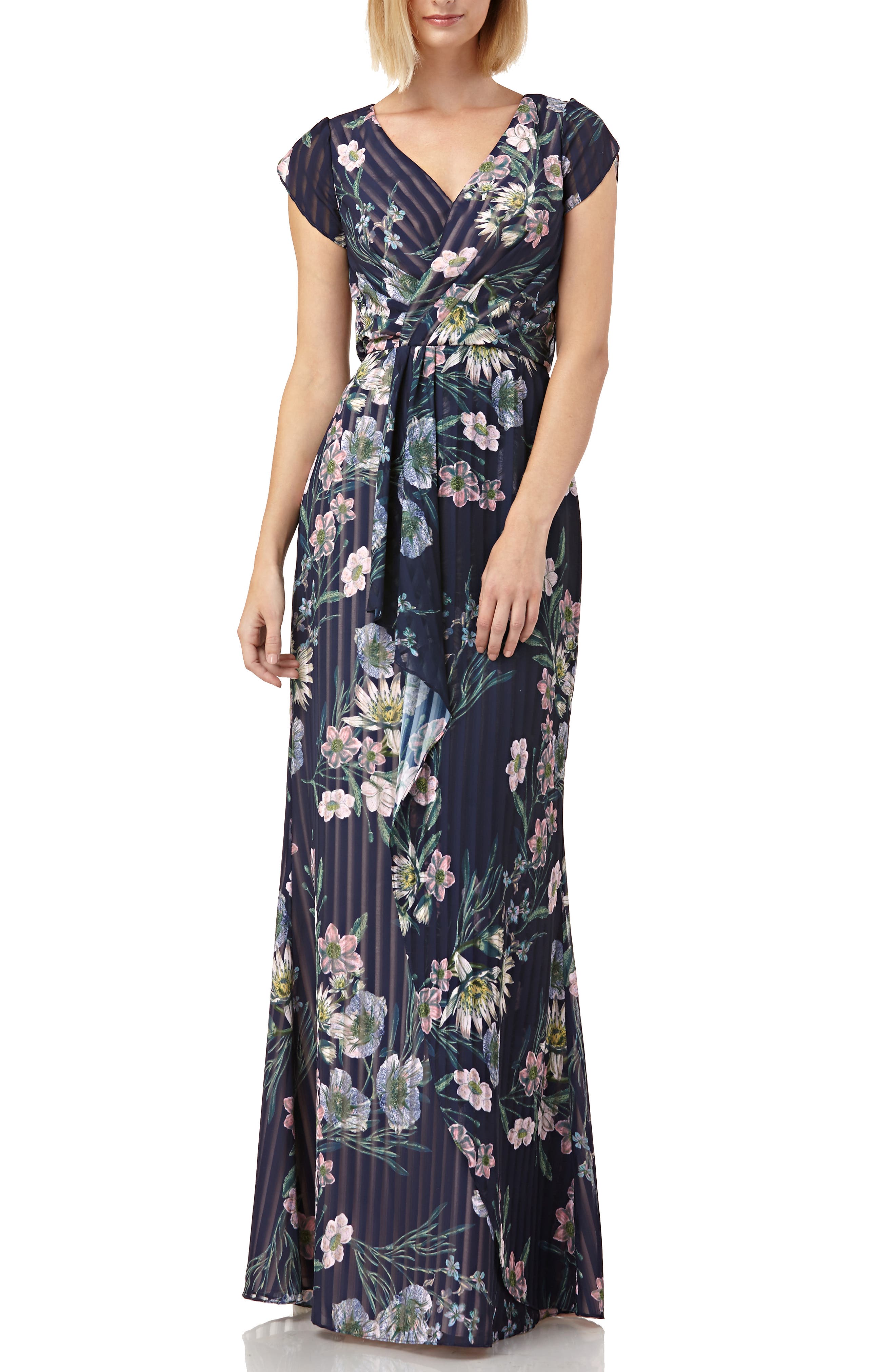 Kay Unger Floral Stripe Tulip Sleeve Chiffon Gown, Blue
