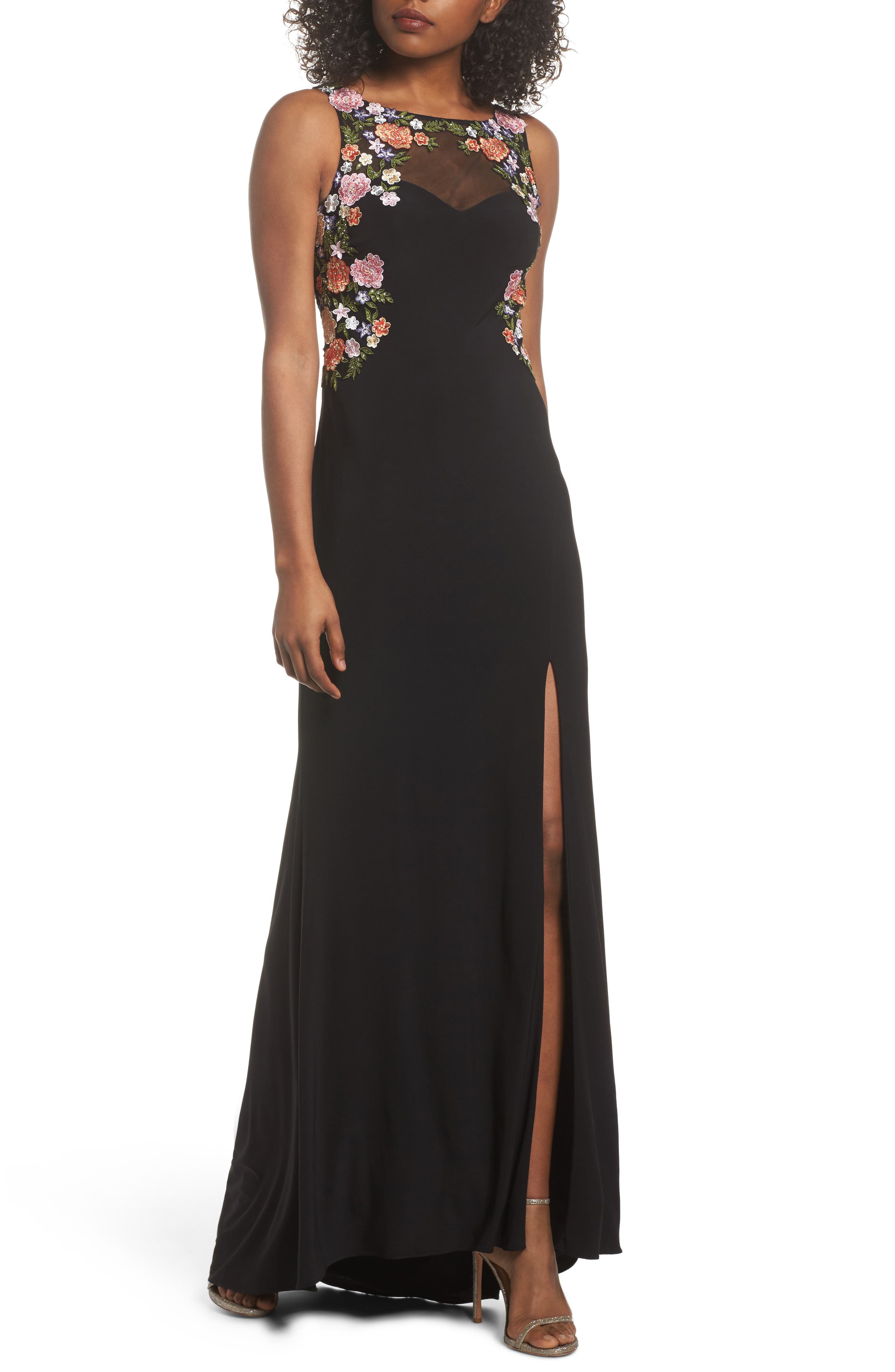Blondie Nites Embellished Sheer Back Knit Gown, Black