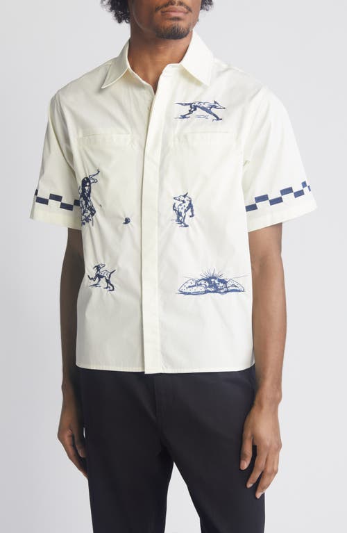 Live Your Life Embroidered Short Sleeve Cotton Button-Up Shirt in Birch