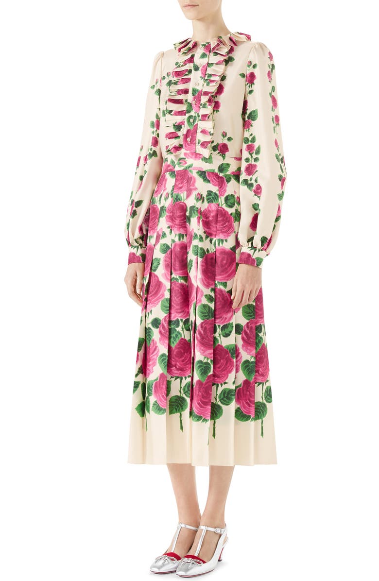Gucci Pleated Rose Print Silk Midi Dress | Nordstrom