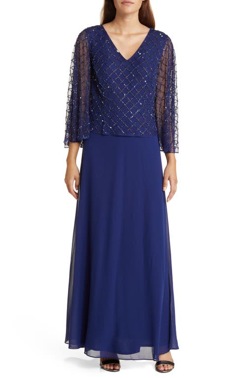 Beaded Capelet & Gown in Navy