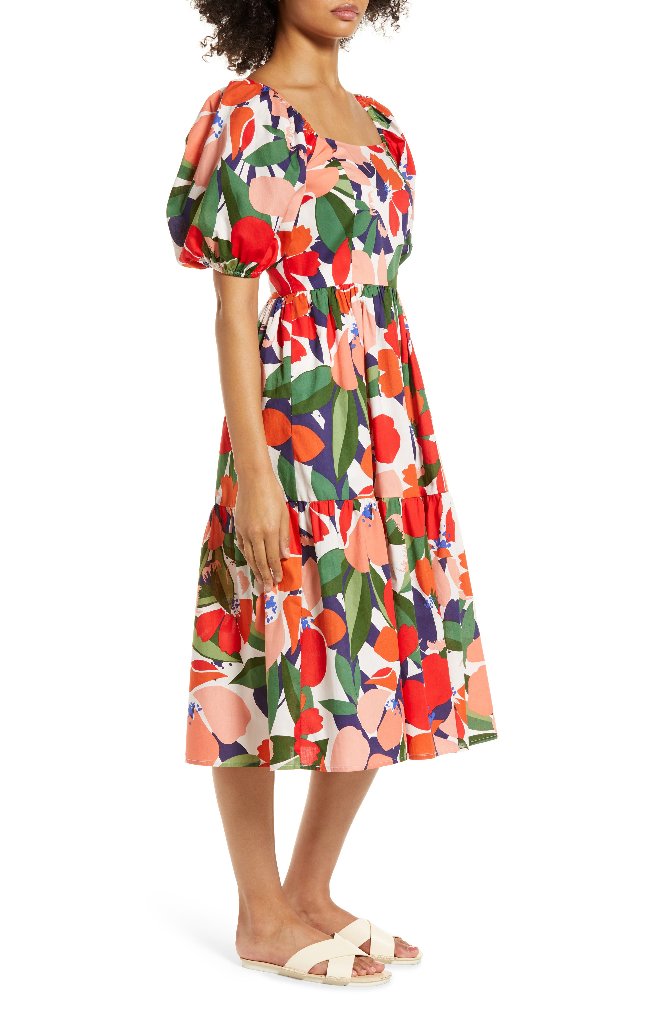 Vince Camuto Women's Floral-Print Puff-Sleeve Midi Dress - Tangerine - Size 2