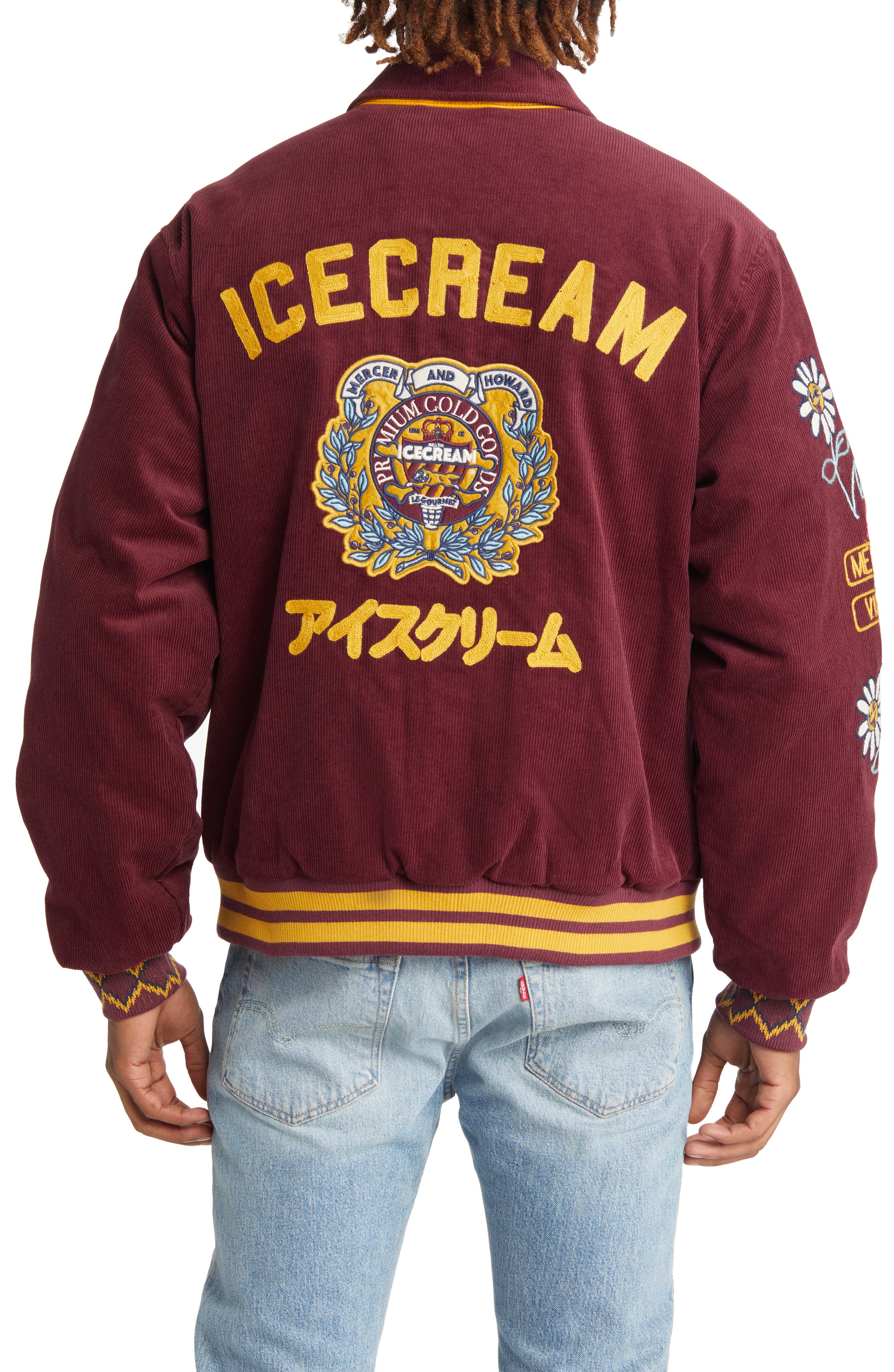 Icecream Team Cotton Corduroy Varsity Jacket in Black | Smart Closet