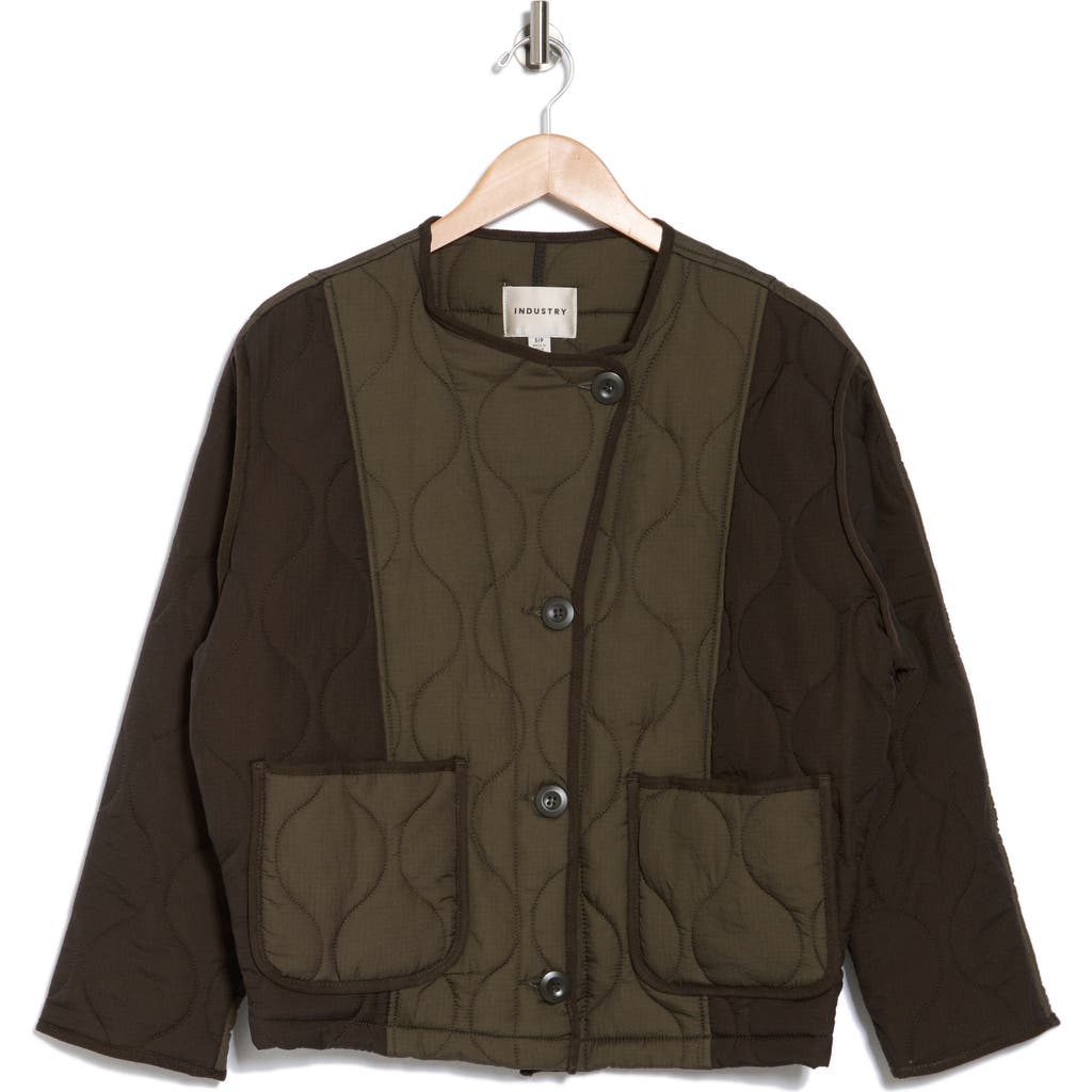 Industry Republic Clothing Colorblock Quilted Barn Jacket In Pine Green/dark Olive