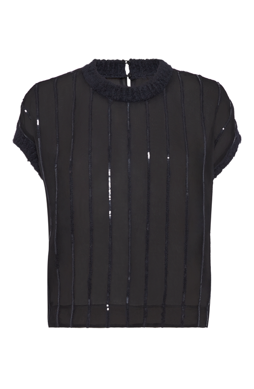 Shop Brunello Cucinelli Crispy Silk T-shirt With Dazzling Alpaca Stripes In Black