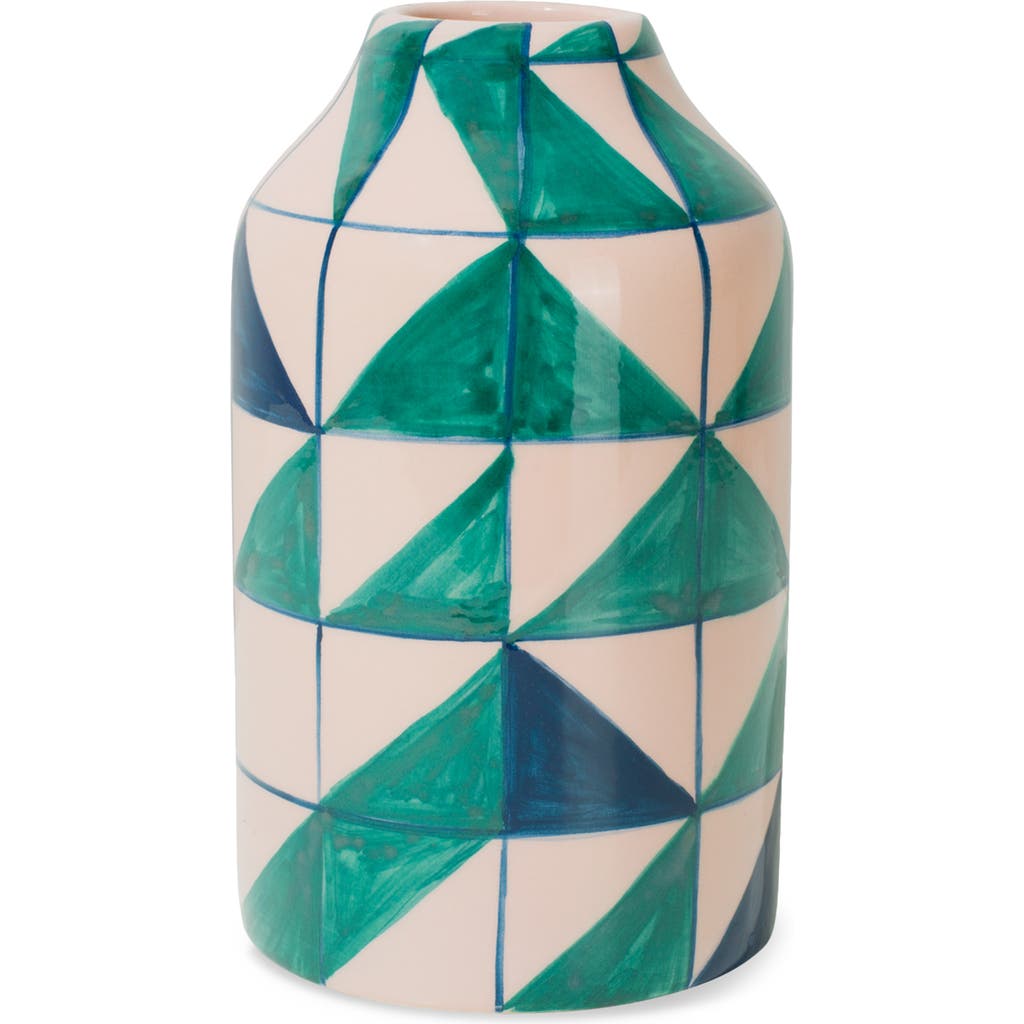 Vaisselle Geometric Print Ceramic Vase In Sand/teal