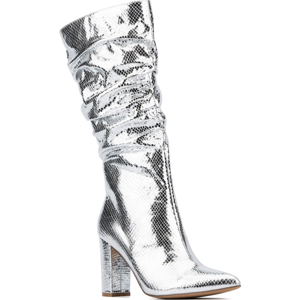 New York And Company Earla Ruched Shaft Boot In Silver Metallic