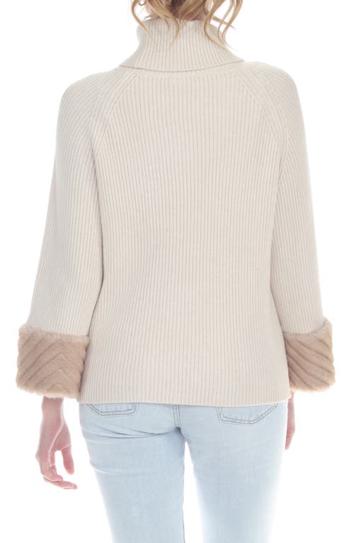 Rain And Rose Faux Fur Cuff Turtleneck Sweater In Cream