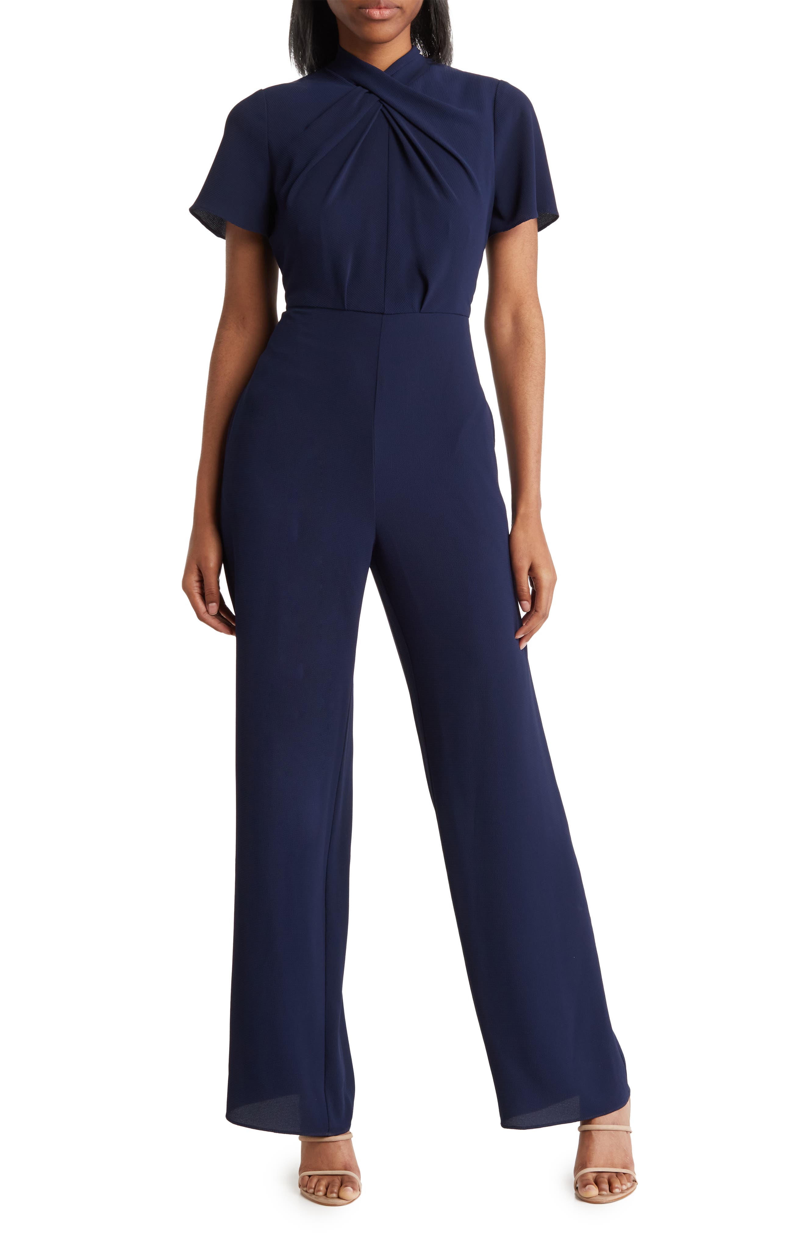 twist neck satin & crepe jumpsuit eliza j