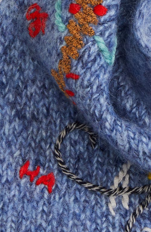 Yanyan Shrimp Embroidered Alpaca & Wool Blend Triangle Scarf In Ocean