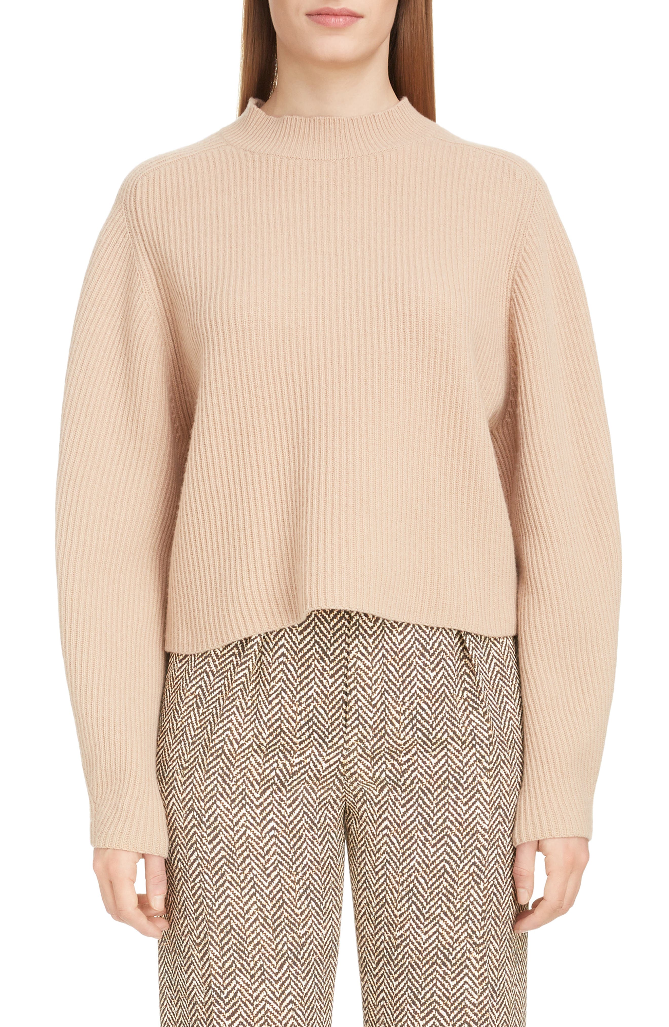 Chloe Exaggerated Sleeve Merino Wool & Cashmere Sweater, Brown
