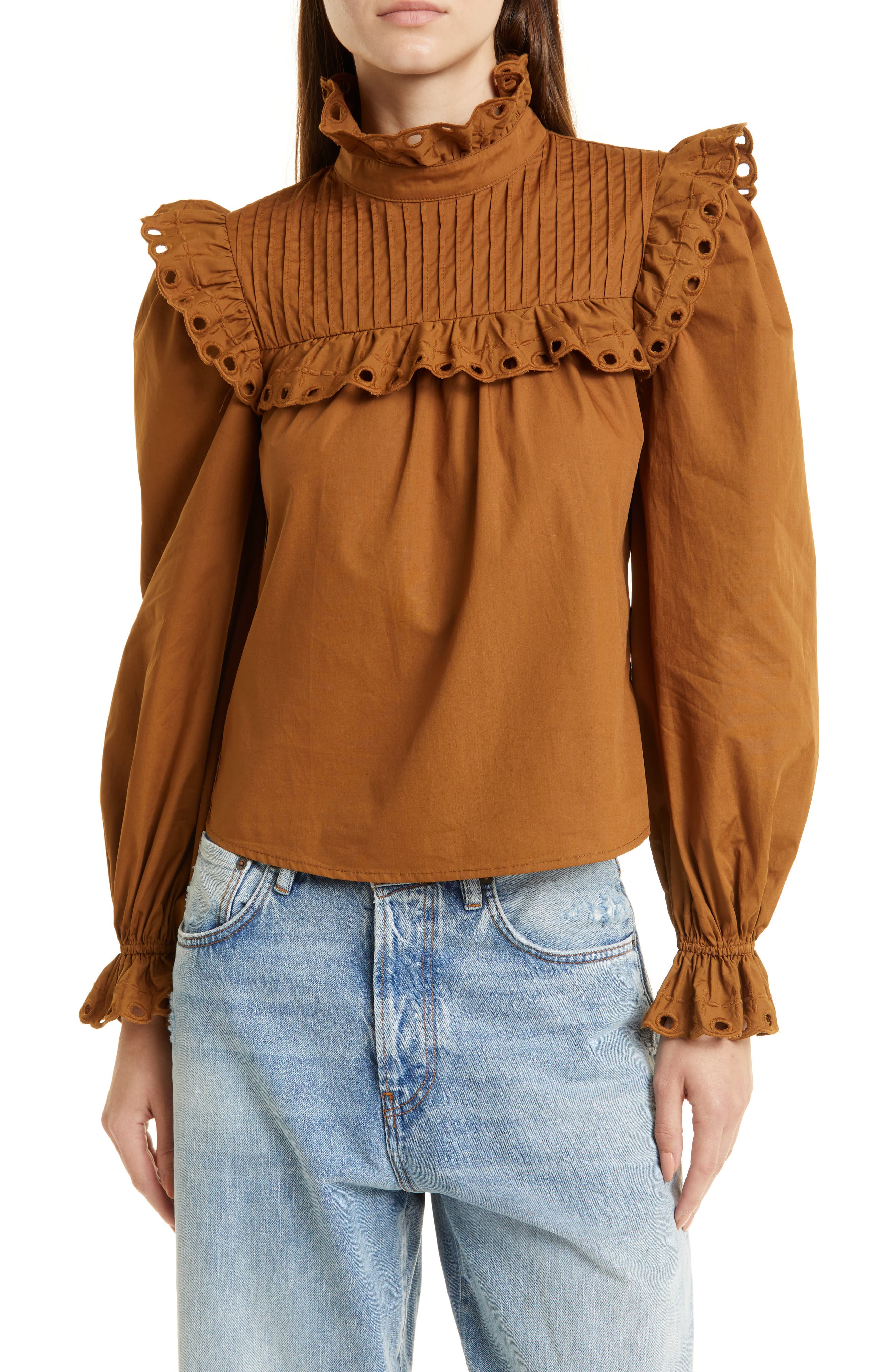 madewell eyelet mockneck ruffle top