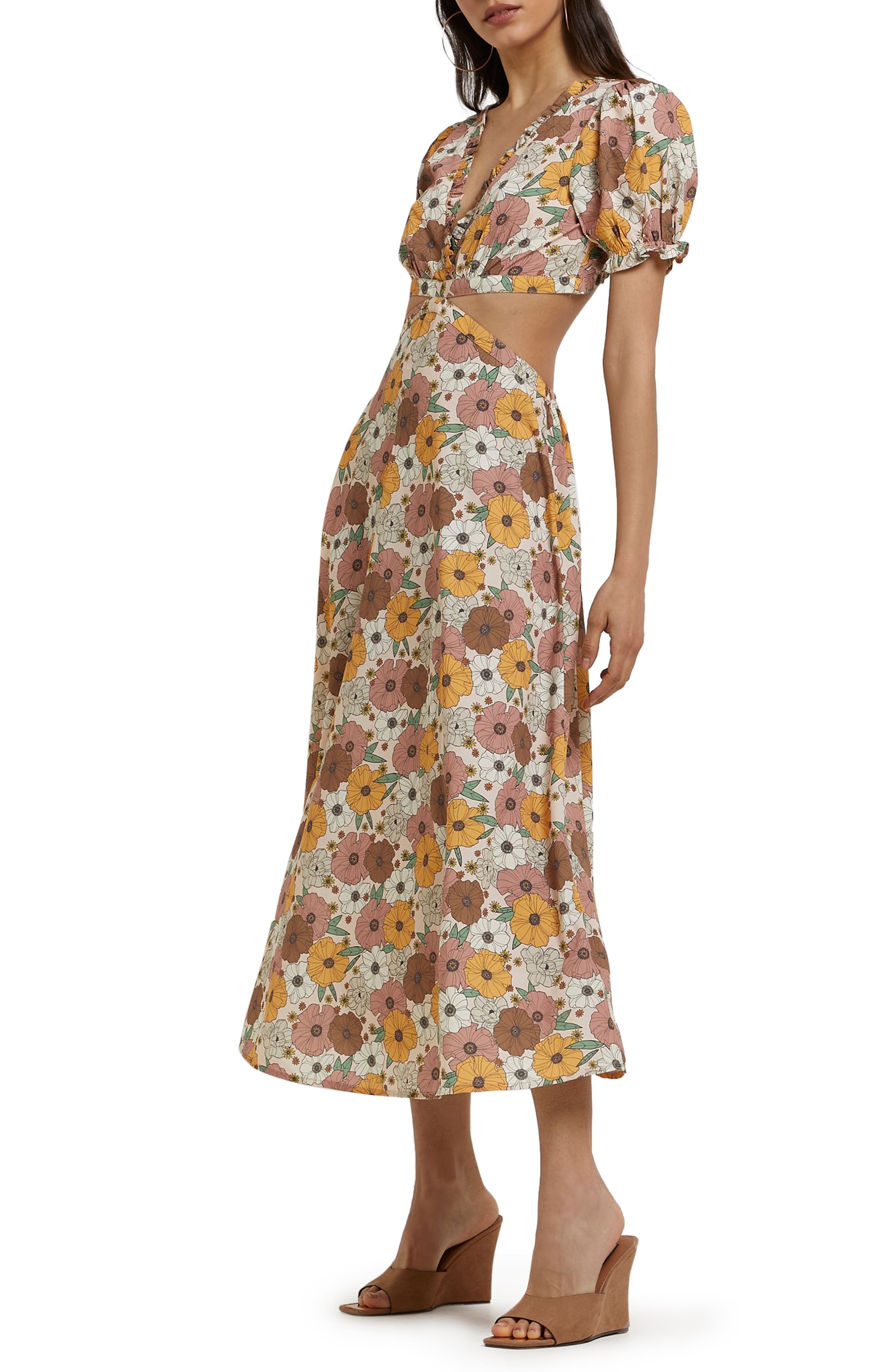River Island Floral Cut Out Midi Dress in Orange