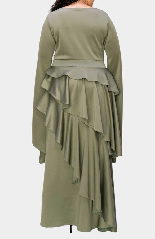 L I V D Zeta Ruffled Long Sleeve Drama Dress In Dk Sage