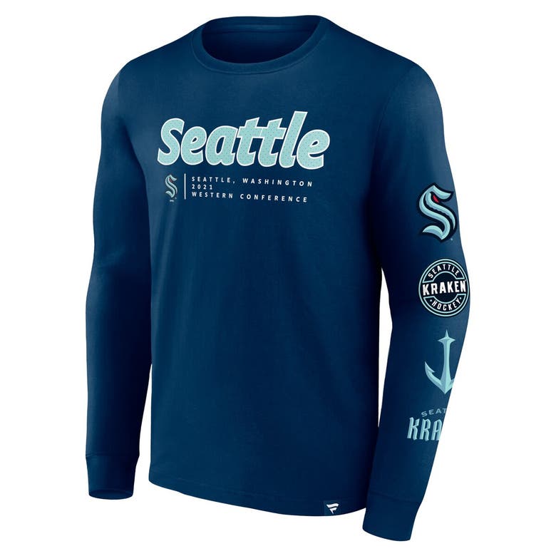 Shop Fanatics Branded Deep Sea Blue Seattle Kraken Strike The Goal Long Sleeve T-shirt In Navy