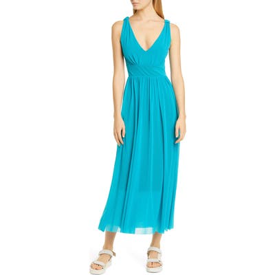 Fuzzi V-Neck Mesh Midi Dress, Blue/green