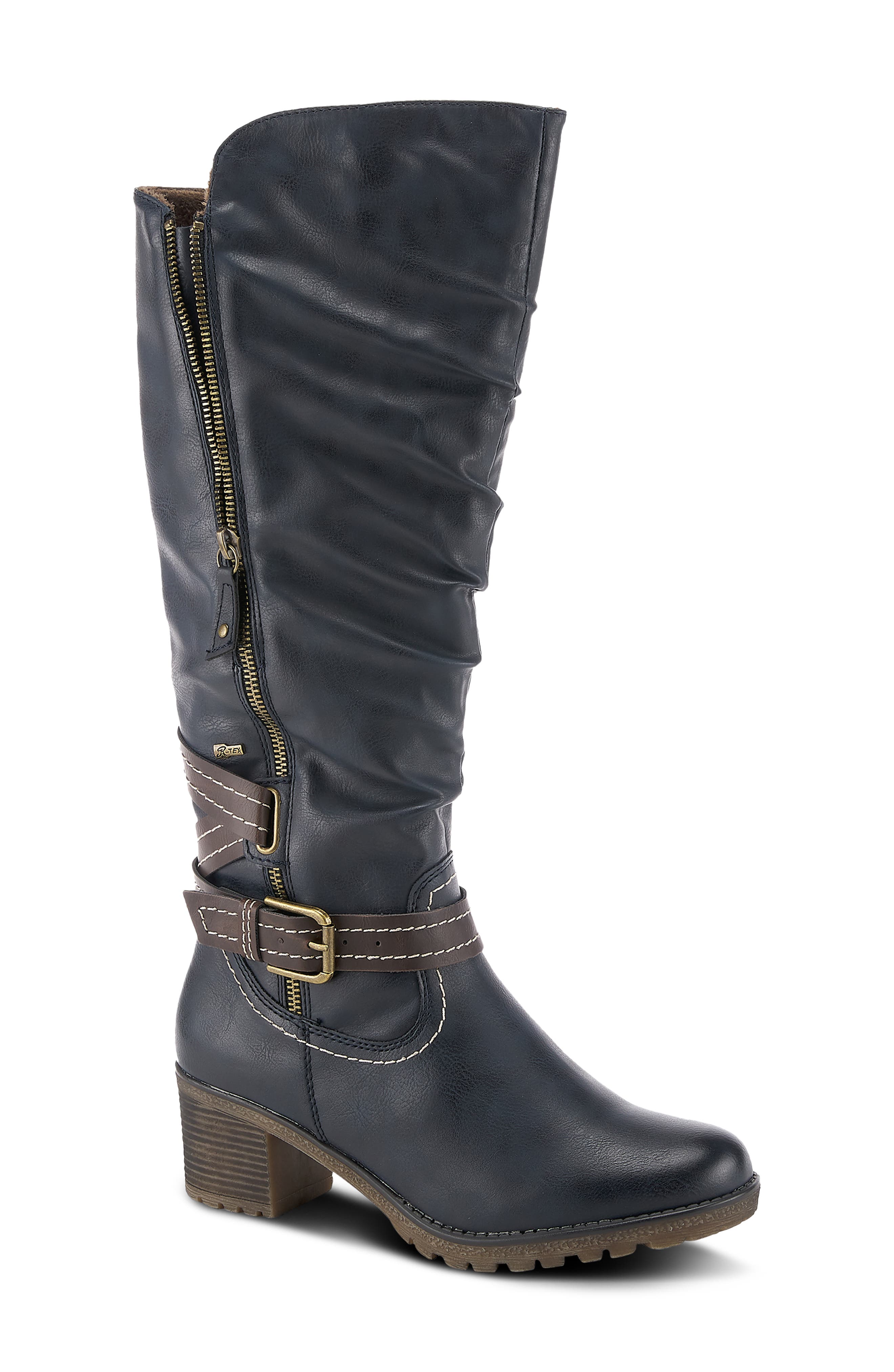 blue leather knee high boots