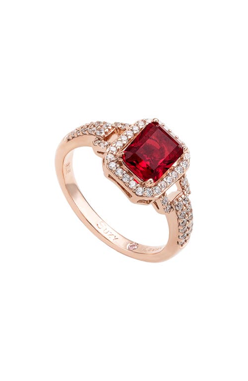 Suzy Levian Emerald Cut Halo Ring In Red