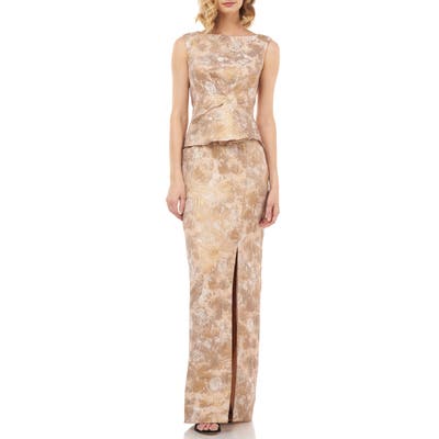 Kay Unger Yasmine Birds Of Paradise Peplum Column Gown, Metallic