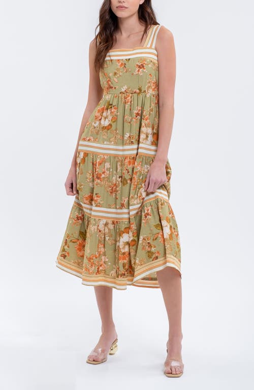 August Sky Sleeveless Tiered Midi Dress In Olive Multi