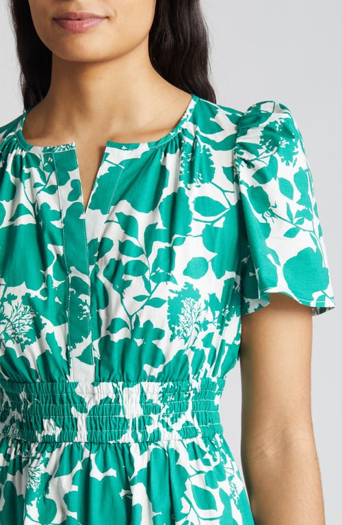 Shop Anne Klein Floral Smocked Midi Dress In Green Sprig/porcelai