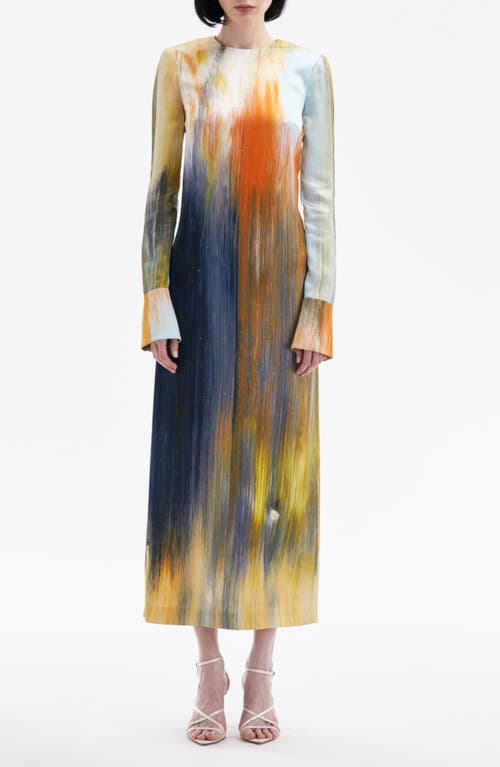 Shop Oscar De La Renta Abstract Brushstroke Print Long Sleeve Midi Dress In Calendula Multi