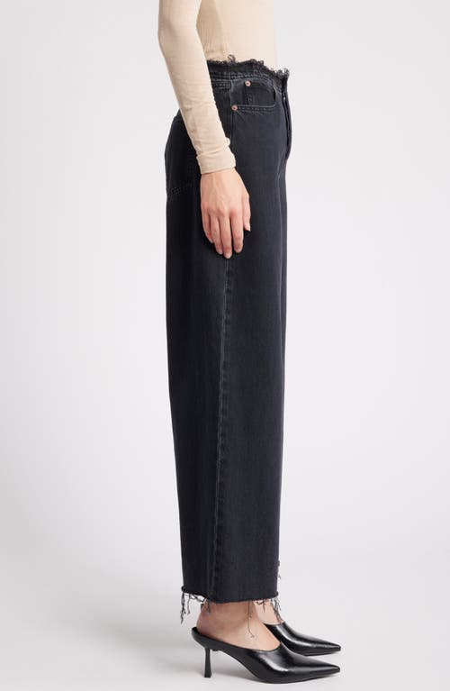 Shop Frame Le Distressed Nonstretch Low Rise Wide Leg Cutoff Jeans In Inkwell