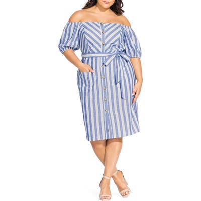 Plus Size City Chic Graphic Flow Off The Shoulder Dress, White