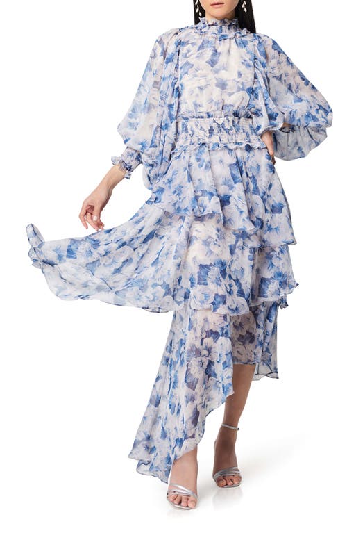 Astrid Floral Long Sleeve Midi Dress in Blue/white