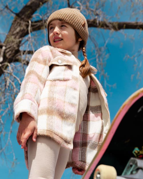 Shop Deux Par Deux Little Girl's Overshirt Wool-effect With Pockets Plaid Pink, Nougat And Off White In Plaid Pink, Brown & Off White