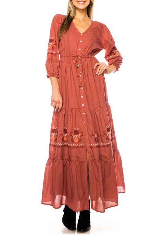 Embroidered Cotton Voile Maxi Shirtdress in Brick Dust