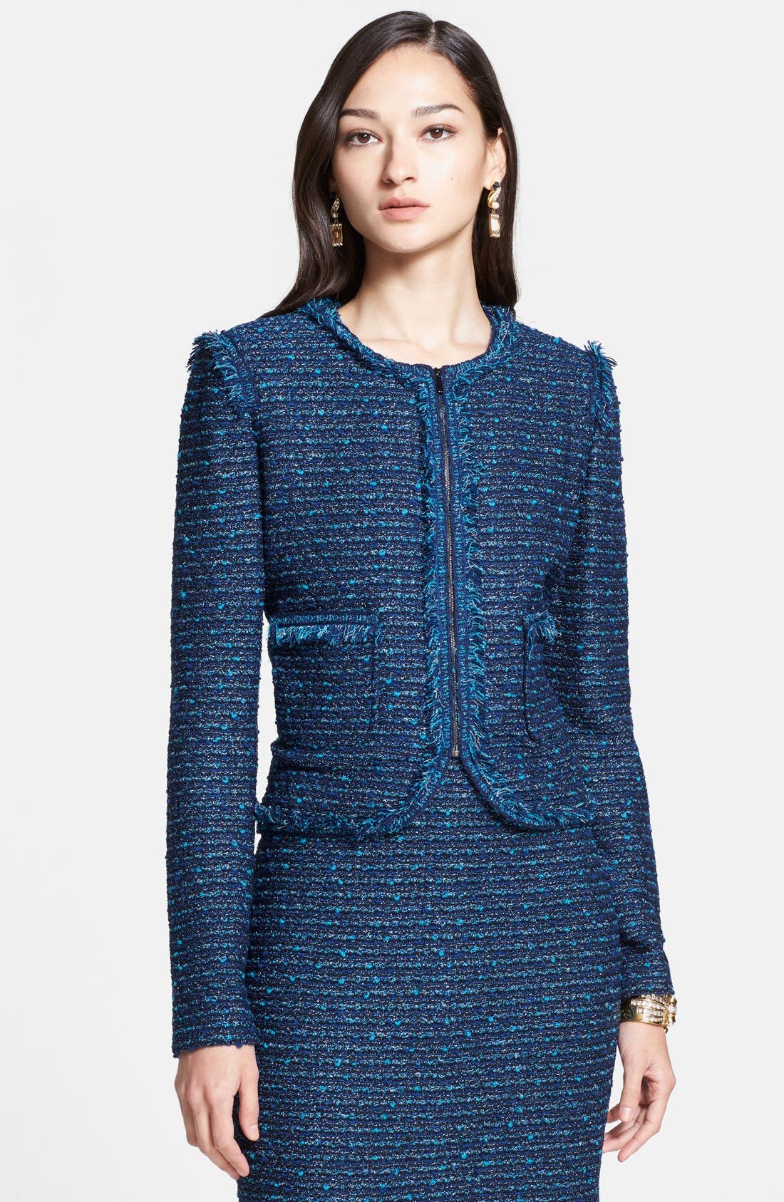 St. John Collection Bouclé Tweed Knit Jacket with Shredded Fringe Trim