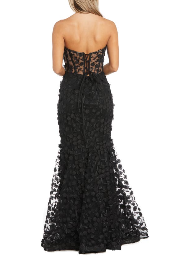 Shop Morgan & Co. 3d Floral Strapless Mermaid Gown In Black/ Nude