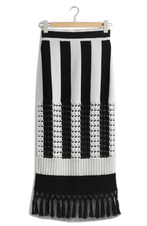 & Other Stories Sabrina Fringe Sweater Knit Midi Skirt In White/black Stripe