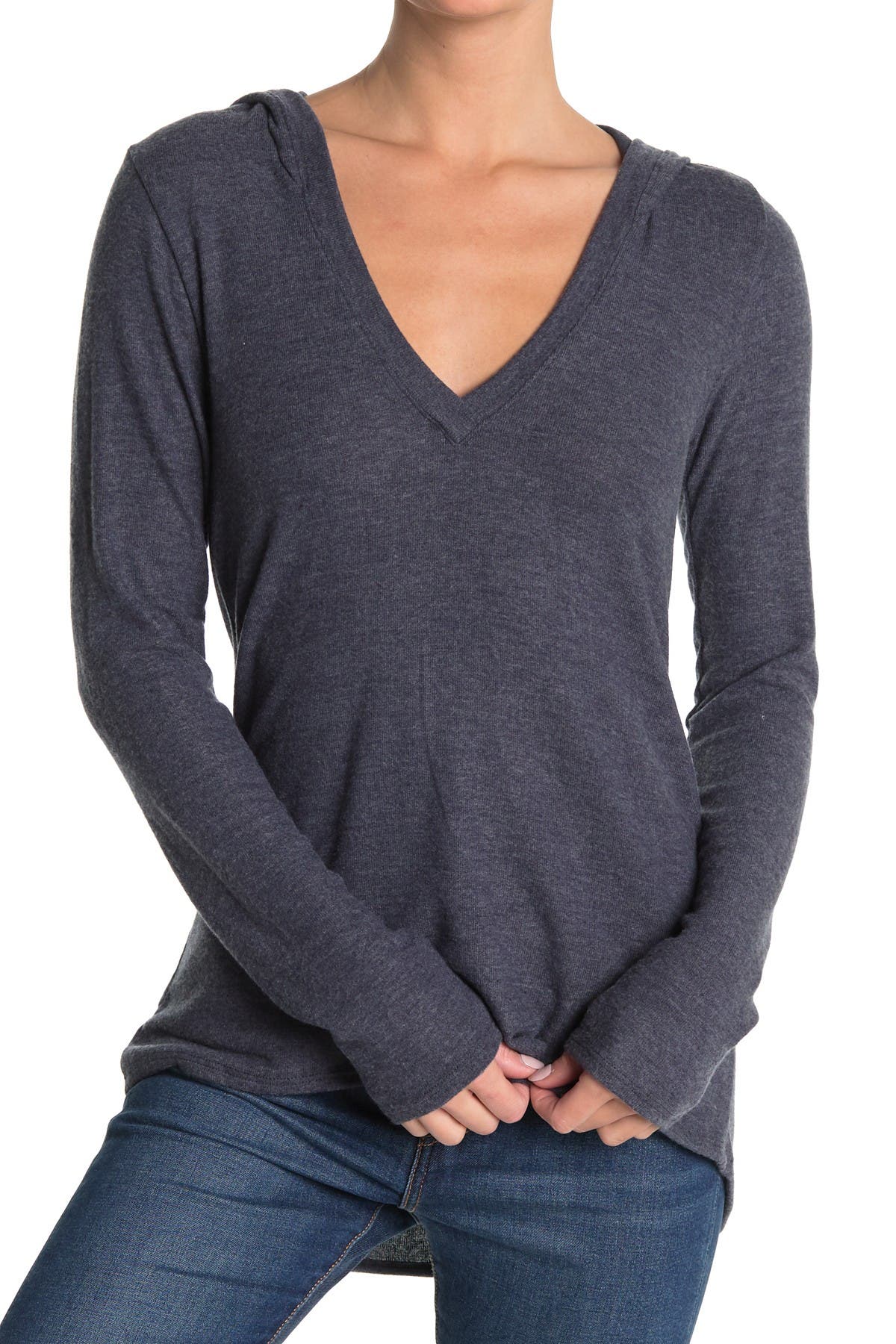 Go Couture Deep V-neck Hooded Top In Navy3